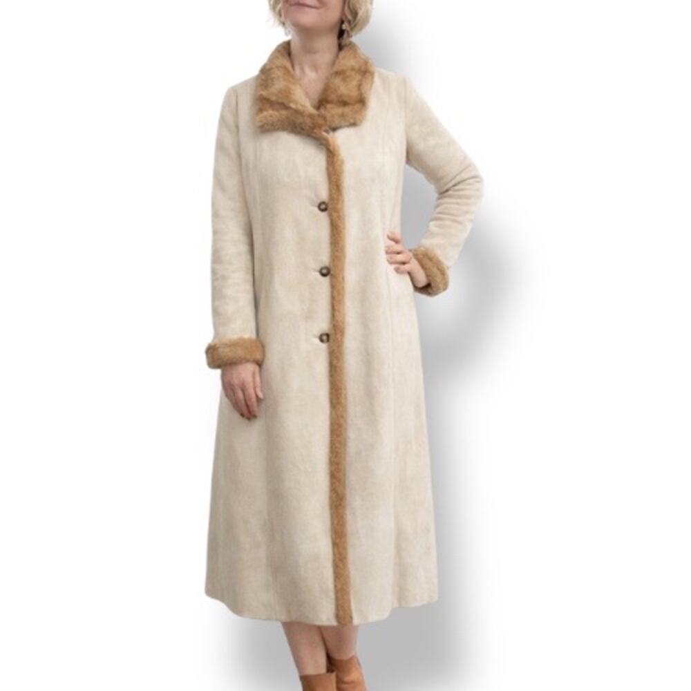 Vintage 90s Longline Cream Vegan Suede Leather Coat Faux Fur Collar Trim Large